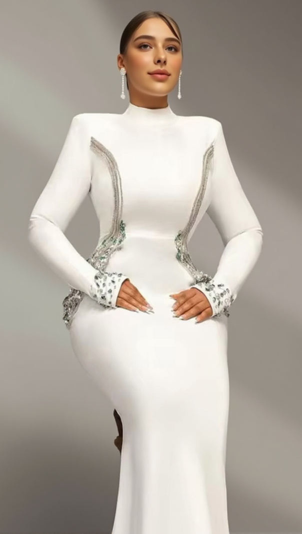 AIIZIE ASHLEY CRYSTAL EMBELLISHED BODYCON MAXI DRESS IN WHITE - product image