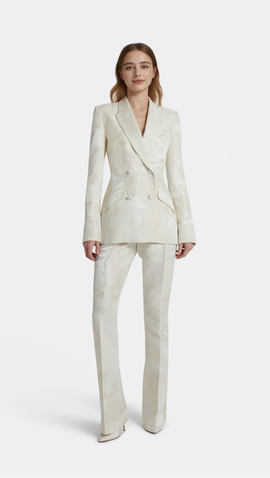 JACQUARD DOUBLE-BREASTED BLAZER SUIT IN IVORY