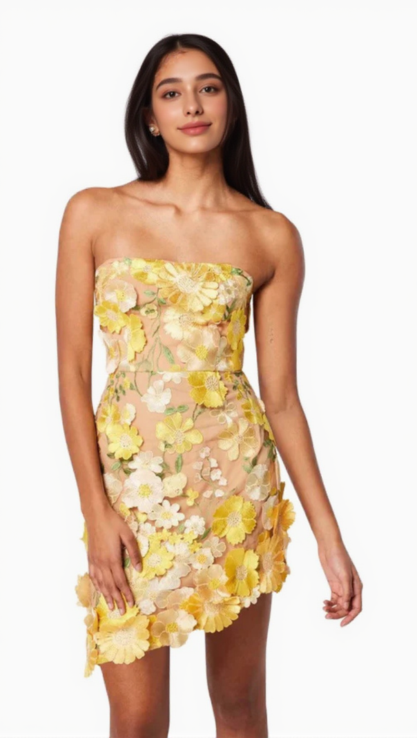 AIIZIE STRAPLESS FLORAL MINI DRESS IN YELLOW - product image