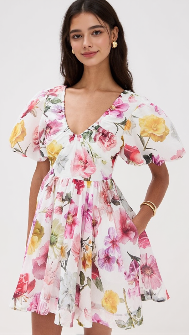 AIIZIE VANESSA PUFF SLEEVE COLLAGE FLEUR MINI DRESS - product image