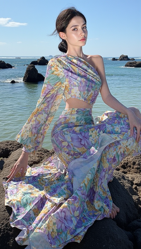 ABITO MIDI ASIMMETRICO CON MANICA MONOSPALLA E VOLANT