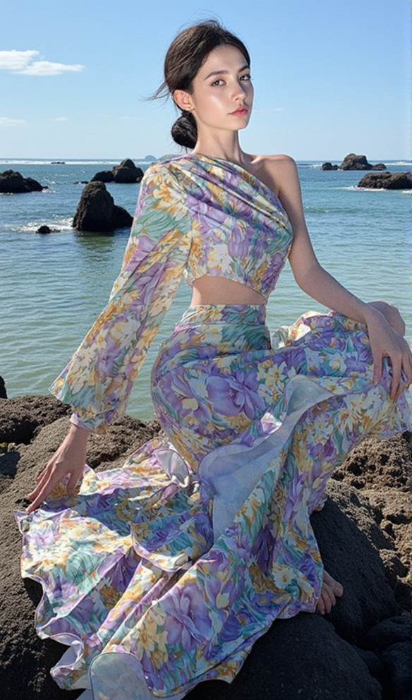 ABITO MIDI ASIMMETRICO CON MANICA MONOSPALLA E VOLANT