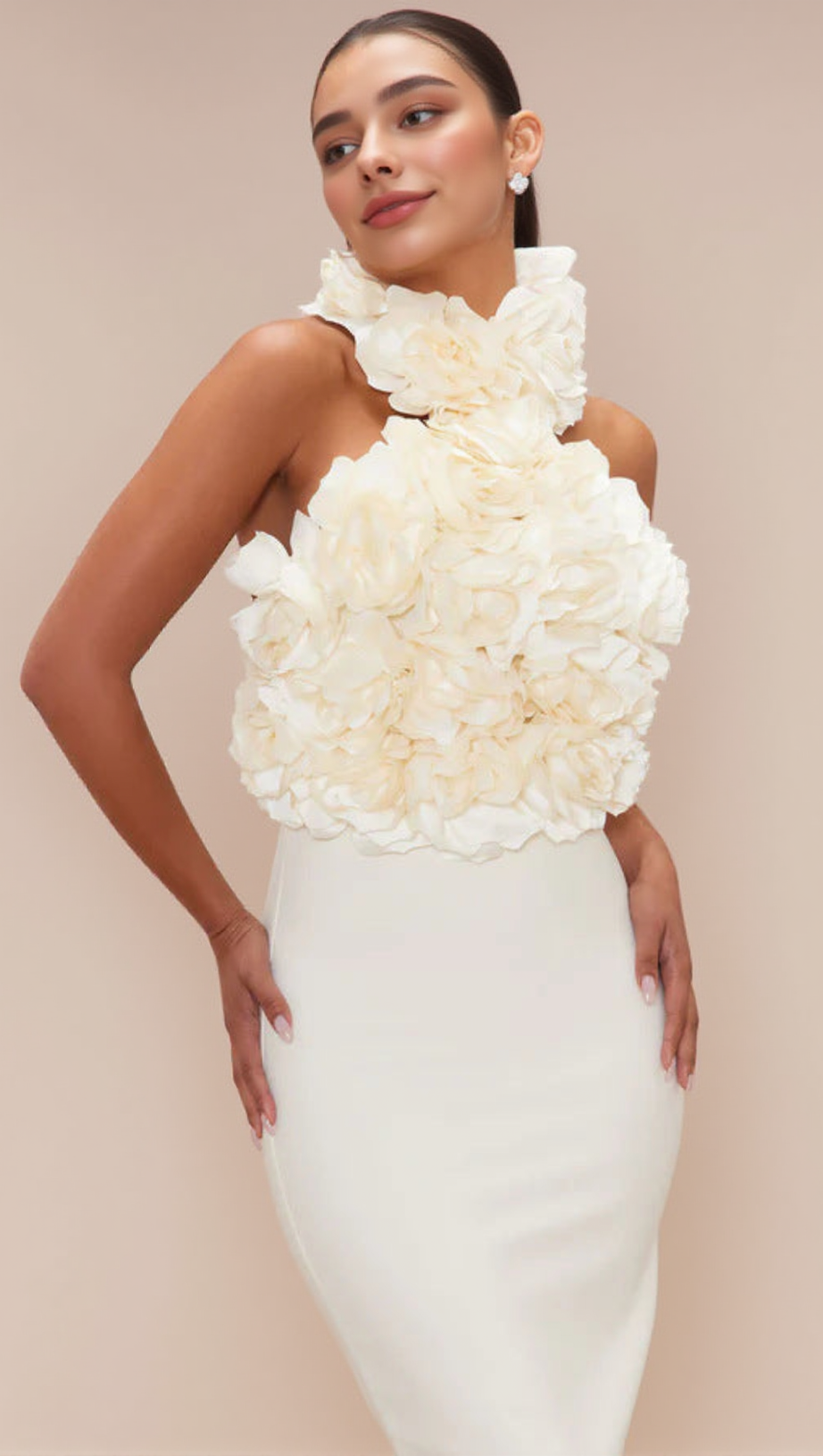 ABITO MIDI CON BENDAGGIO A FIORI IN BIANCO