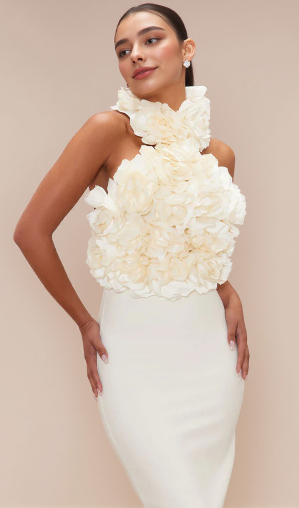 ABITO MIDI CON BENDAGGIO A FIORI IN BIANCO