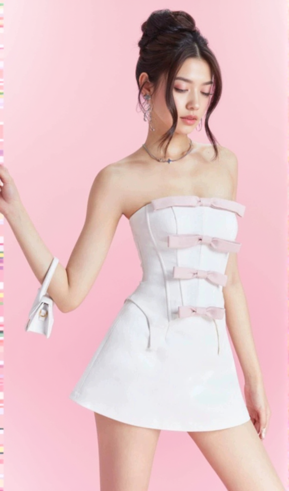 AIIZIE STRAPLESS BOW MINI A LINE DRESS IN WHITE - product image