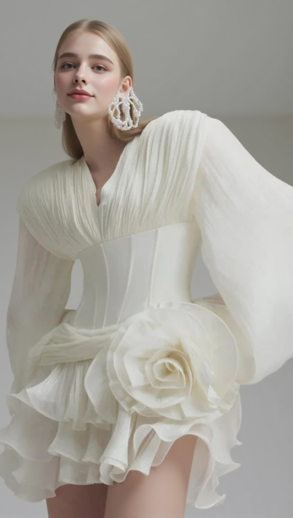 AIIZIE WALLIS 3D FLOWER RUFFLE TRIM MINI DRESS IN WHITE - product image