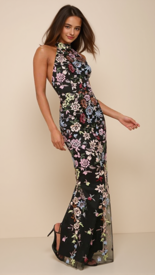 AIIZIE 3D FLORAL EMBROIDERED HALTER MAXI DRESS IN BLACK - product image