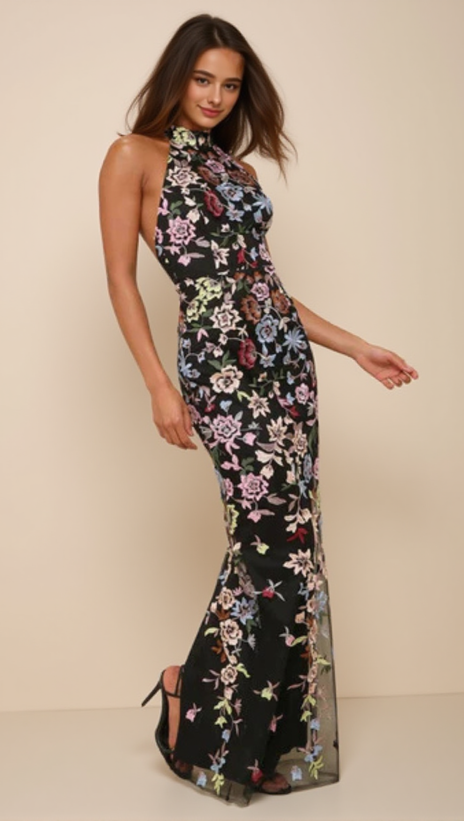 3D FLORAL EMBROIDERED HALTER MAXI DRESS IN BLACK