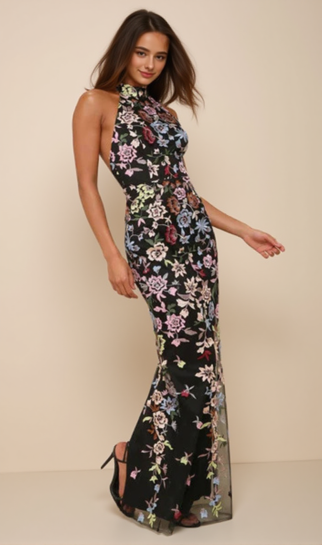 3D FLORAL EMBROIDERED HALTER MAXI DRESS IN BLACK