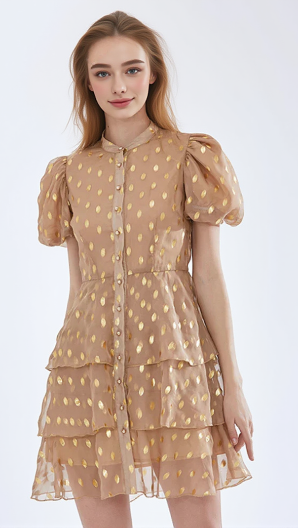 AIIZIE POLKA DOT LAYERED PRINT MINI DRESS IN KAHKI - product image