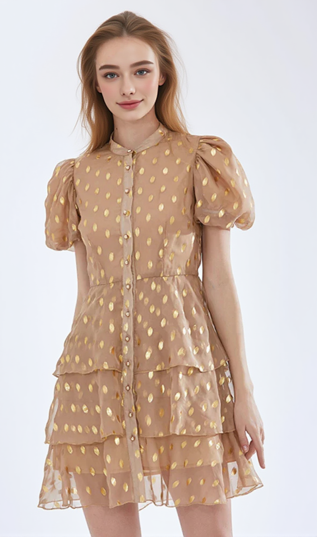 POLKA DOT LAYERED PRINT MINI DRESS IN KAHKI