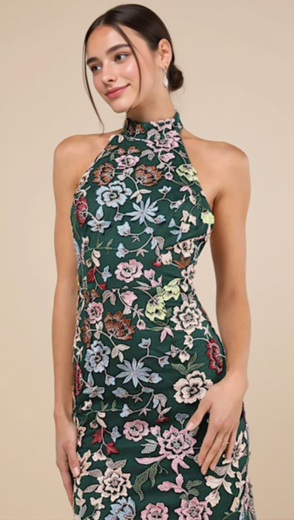 AIIZIE 3D FLORAL EMBROIDERED HALTER MAXI DRESS IN EMERALD - product image