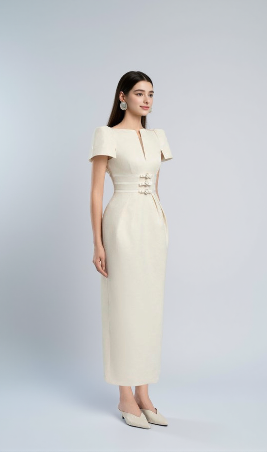 V-CUT NECKLINE MAXI DRESS IN BEIGE