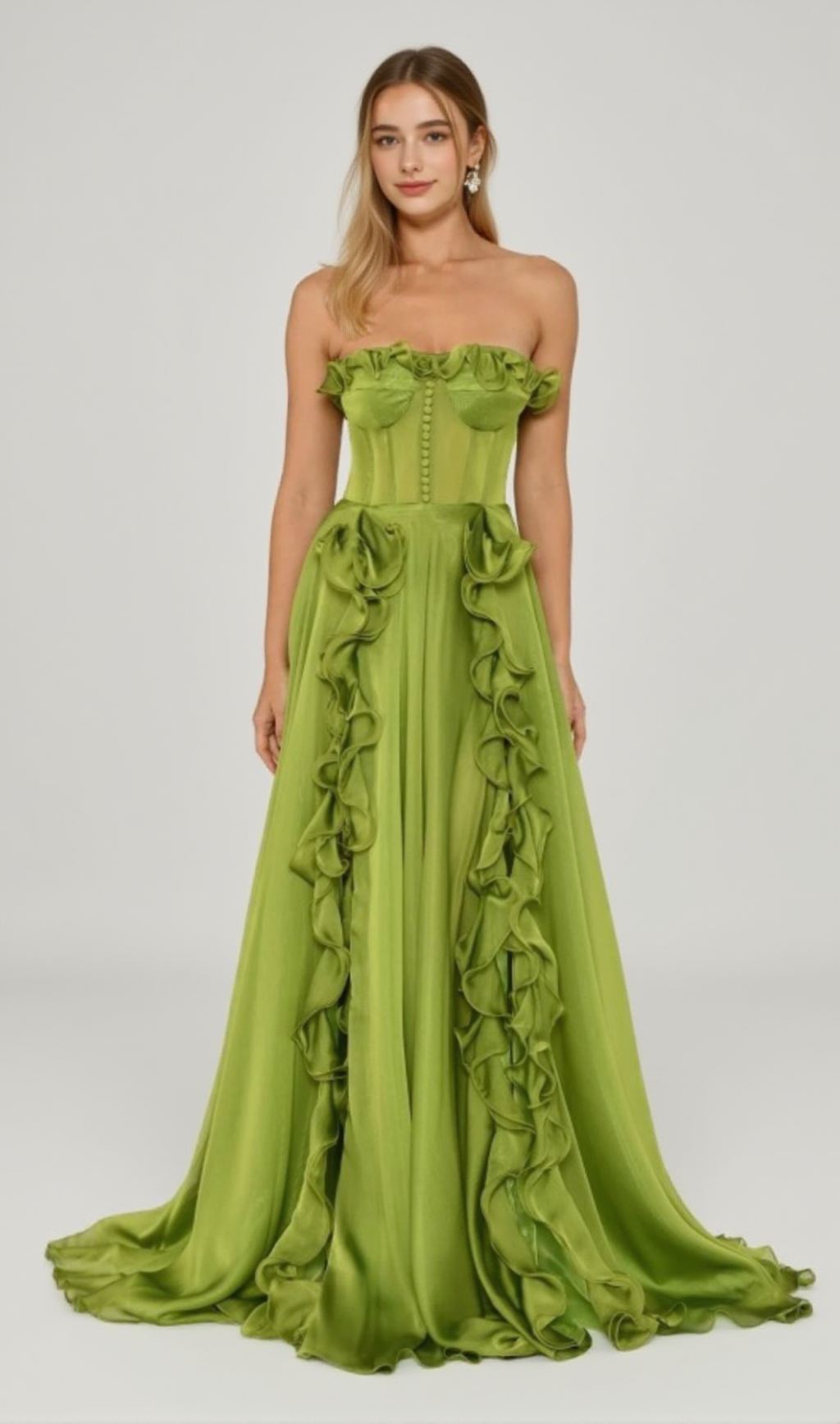 ZONA FRILL SWEETHEART NECK SLEEVELESS MAXI DRESS IN GREEN