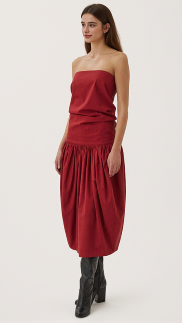 AIIZIE TWO WAY RUCHED DETAIL LOW WAIST COTTON BLEND STRAPLESS MIDI DRESS - RED - product image