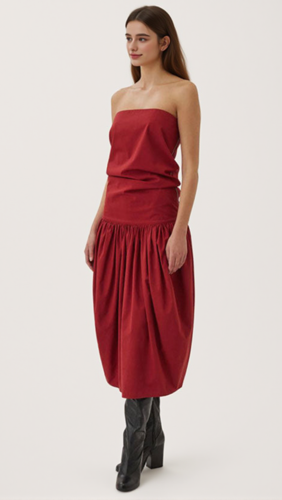 TWO WAY RUCHED DETAIL LOW WAIST COTTON BLEND STRAPLESS MIDI DRESS - RED