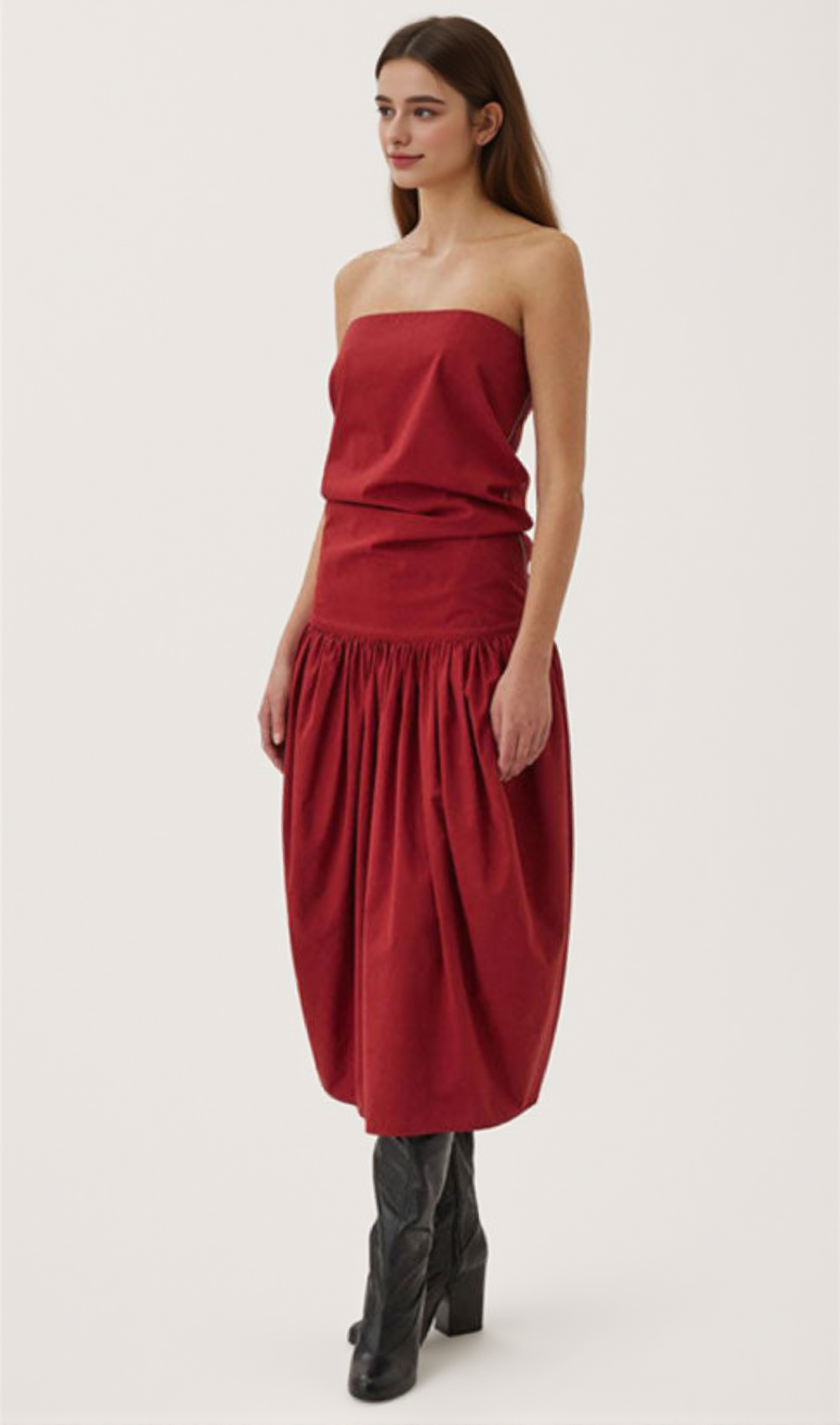 Trägerloses Midikleid aus Baumwollmischung mit zweifach gerüschtem Detail und niedriger Taille - Rot