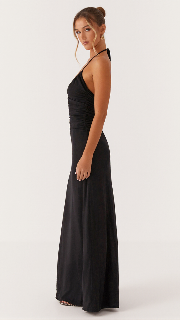 AIIZIE V-NECKLINE PLEATED BODYCON MAXI DRESS IN BLACK - product image