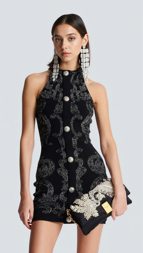 ÄRMELLOSES MINIKLEID MIT PAISLEY-STRICK