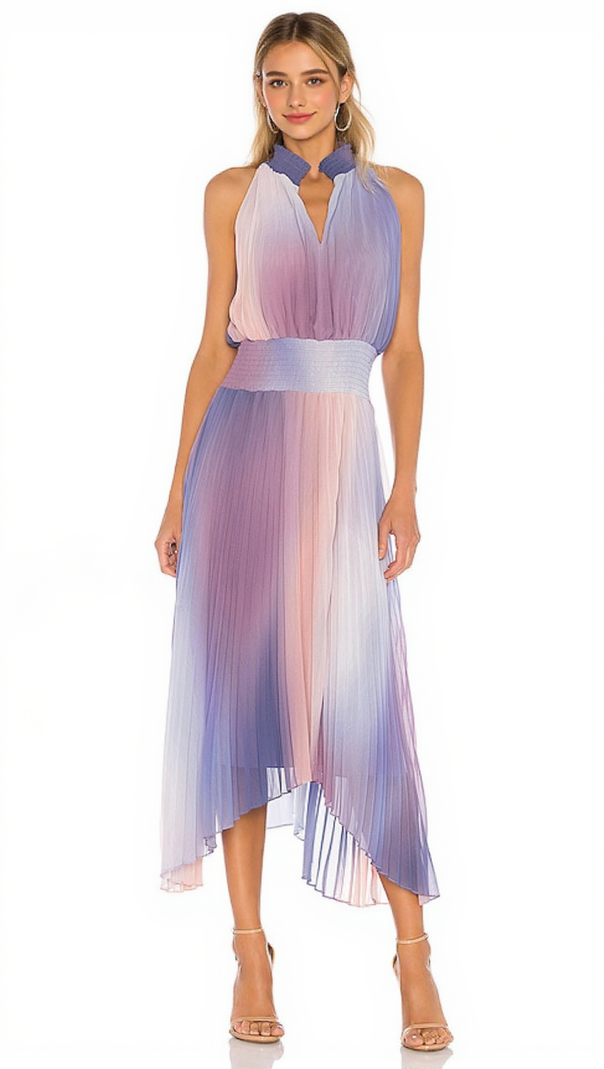 AIIZIE HALTER NECK PLEATED MIDI DRESS IN LAVENDER TIE DYE - product image