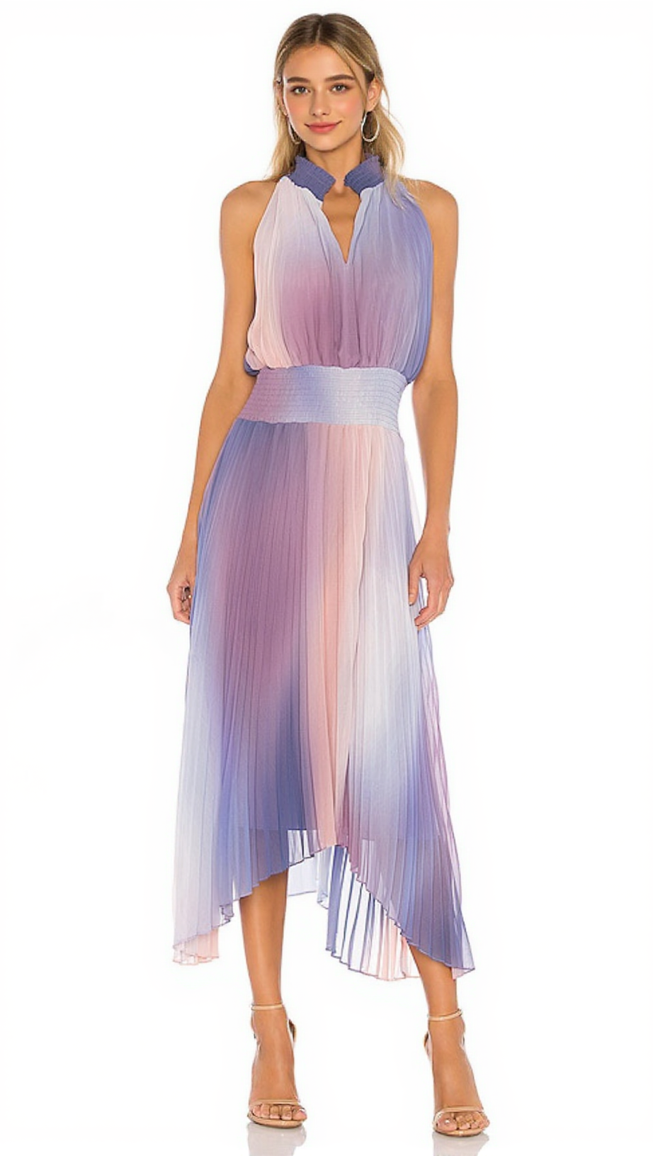 HALTER NECK PLEATED MIDI DRESS IN LAVENDER TIE DYE
