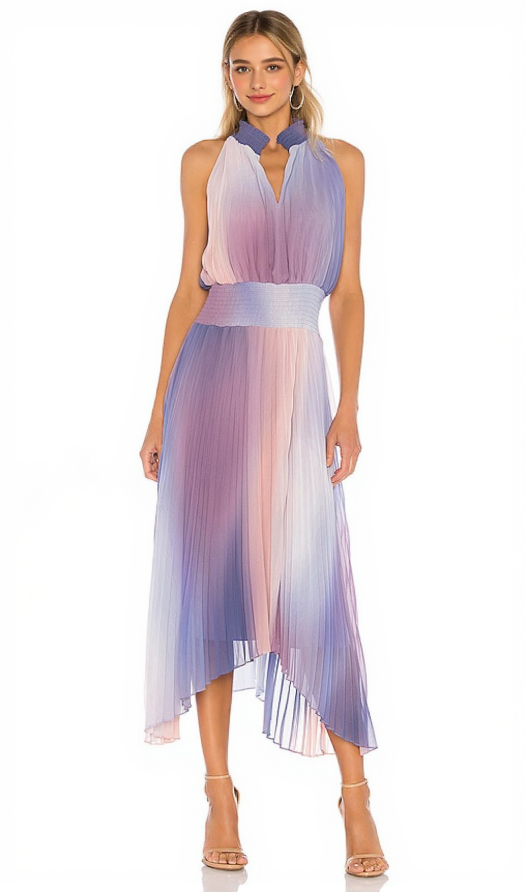 HALTER NECK PLEATED MIDI DRESS IN LAVENDER TIE DYE