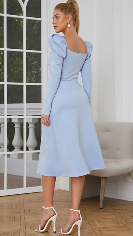 TWIST FRONT GIGOT SLEEVE MIDI DRESS IN BLUE
