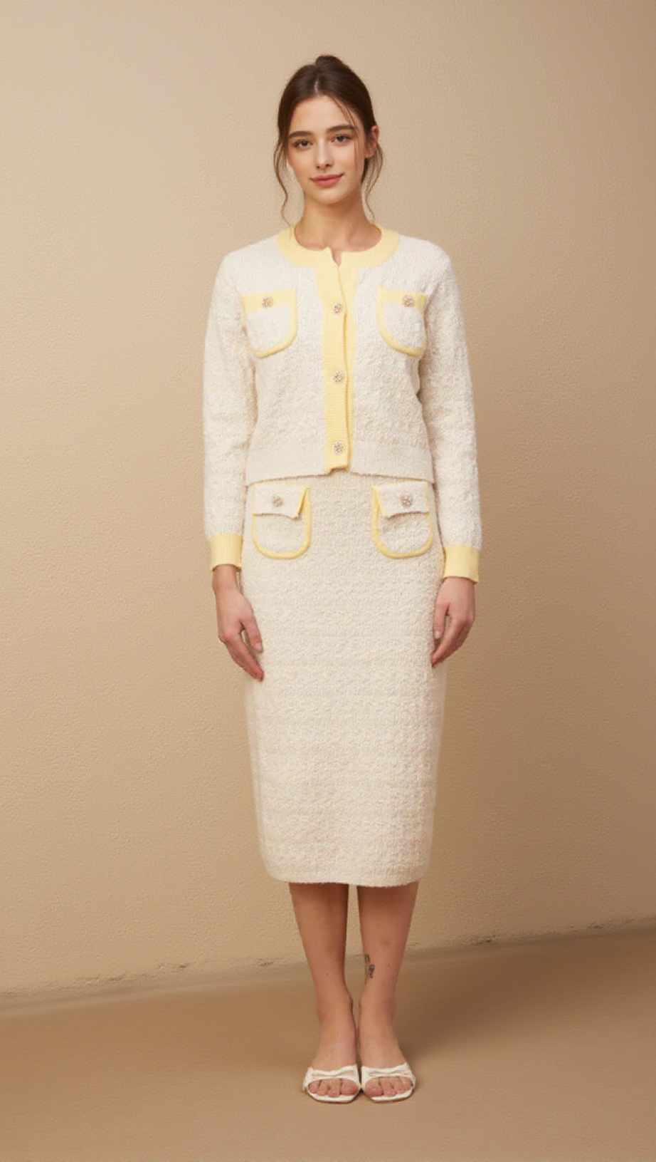 JESSIE WHITE TEXTURED KNIT CARDIGAN & SKIRT MATCHING SET