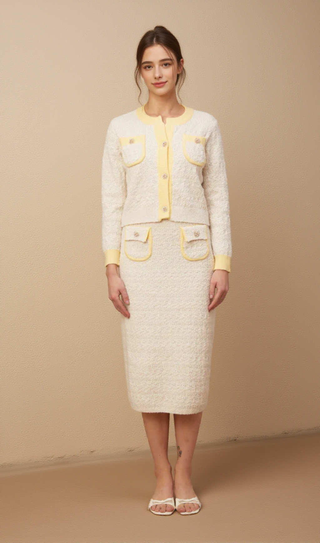 Jessie white textured knit cardigan & skirt matching set