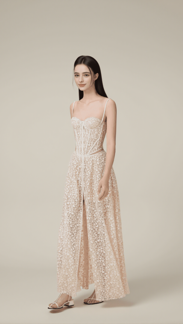AIIZIE TESS LACE STITCHING HOLLOW SLIT MAXI DRESS IN APRICOT - product image