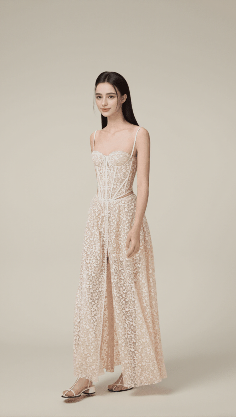 TESS LACE STITCHING HOLLOW SLIT MAXI DRESS IN APRICOT