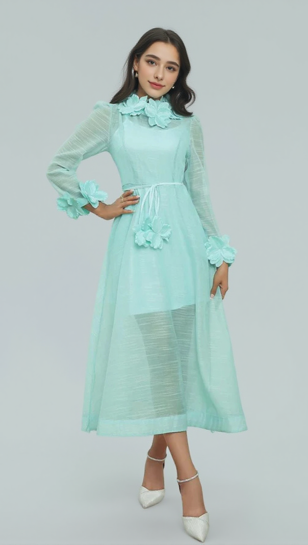 AIIZIE VICKY FLOWER EMBELLISHED LACE MIDI DRESS IN GREEN - product image