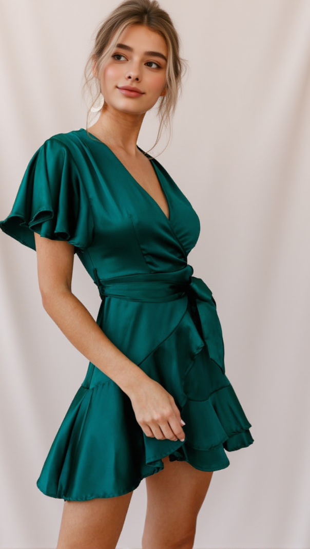 AIIZIE CAMI ANGEL SLEEVE FAUX WRAP DRESS JADE - product image