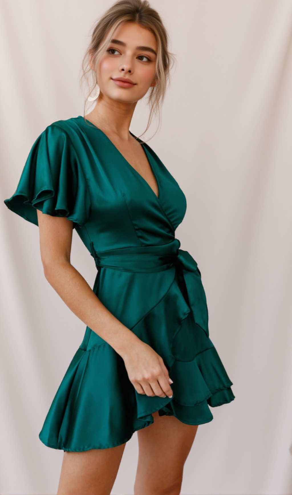 CAMI ANGEL SLEEVE FAUX WRAP DRESS JADE