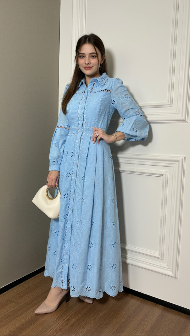 AIIZIE RETRO SINGLE-BREASTED HOLLOW LACE MIDI DRESS IN BLUE - product image