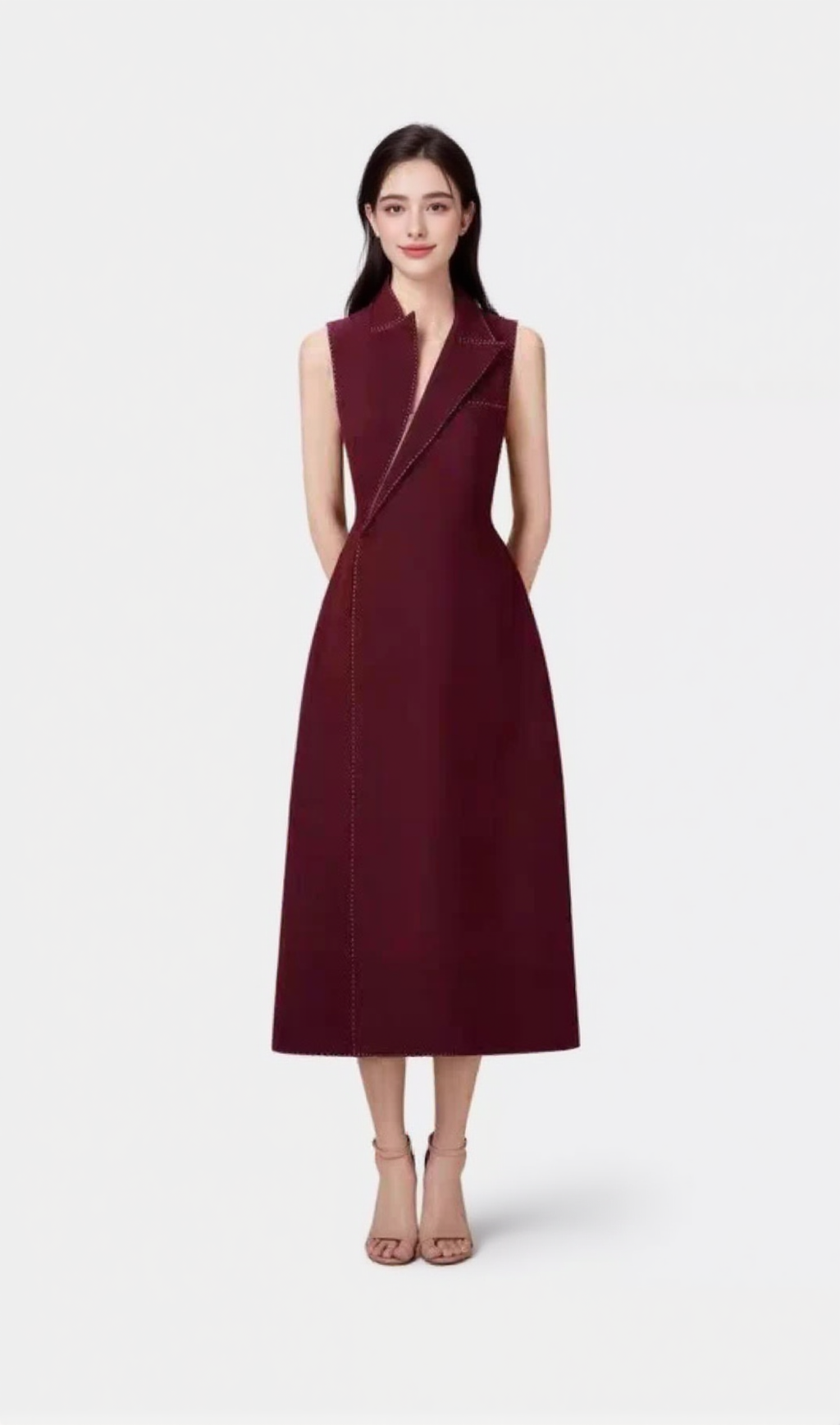 ASYMMETRIC COLLAR BLAZER MIDI DRESS IN RED