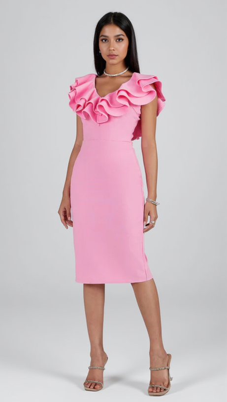 PLEATED RUFFLE BANDAGE MIDI DRESS IN PINK