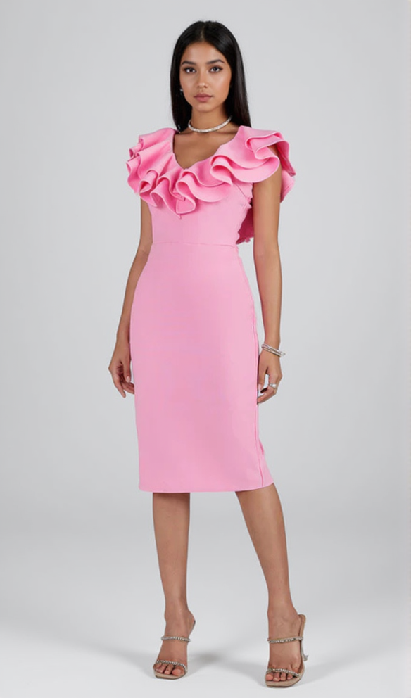 AIIZIE PLEATED RUFFLE BANDAGE MIDI DRESS IN PINK - product image