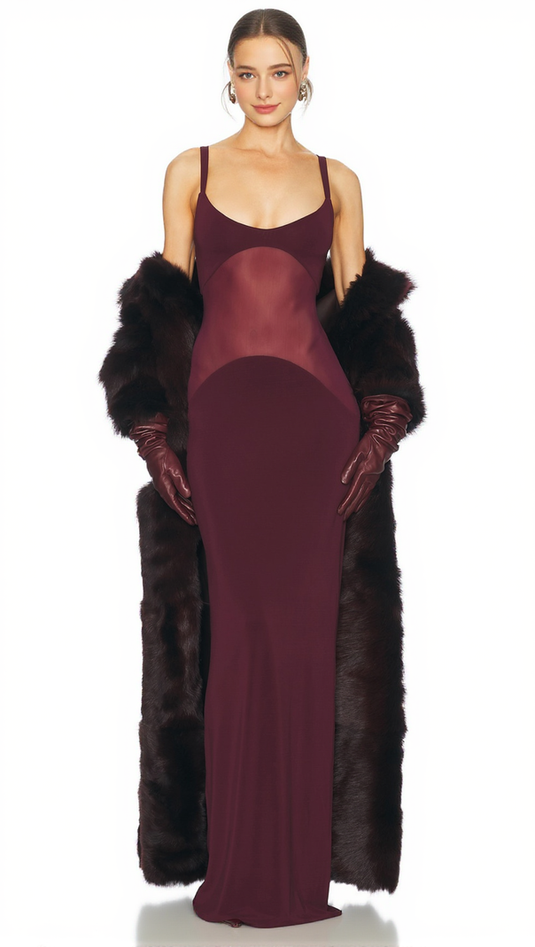 AIIZIE SHEER KNIT CURVE MAXI DRESS IN MERLOT - product image