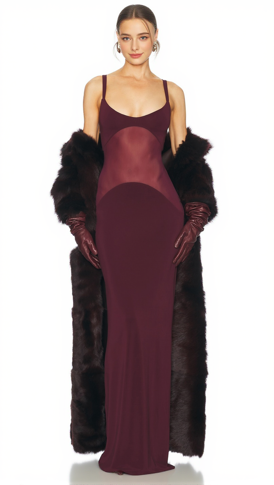 SHEER KNIT CURVE MAXI DRESS IN MERLOT