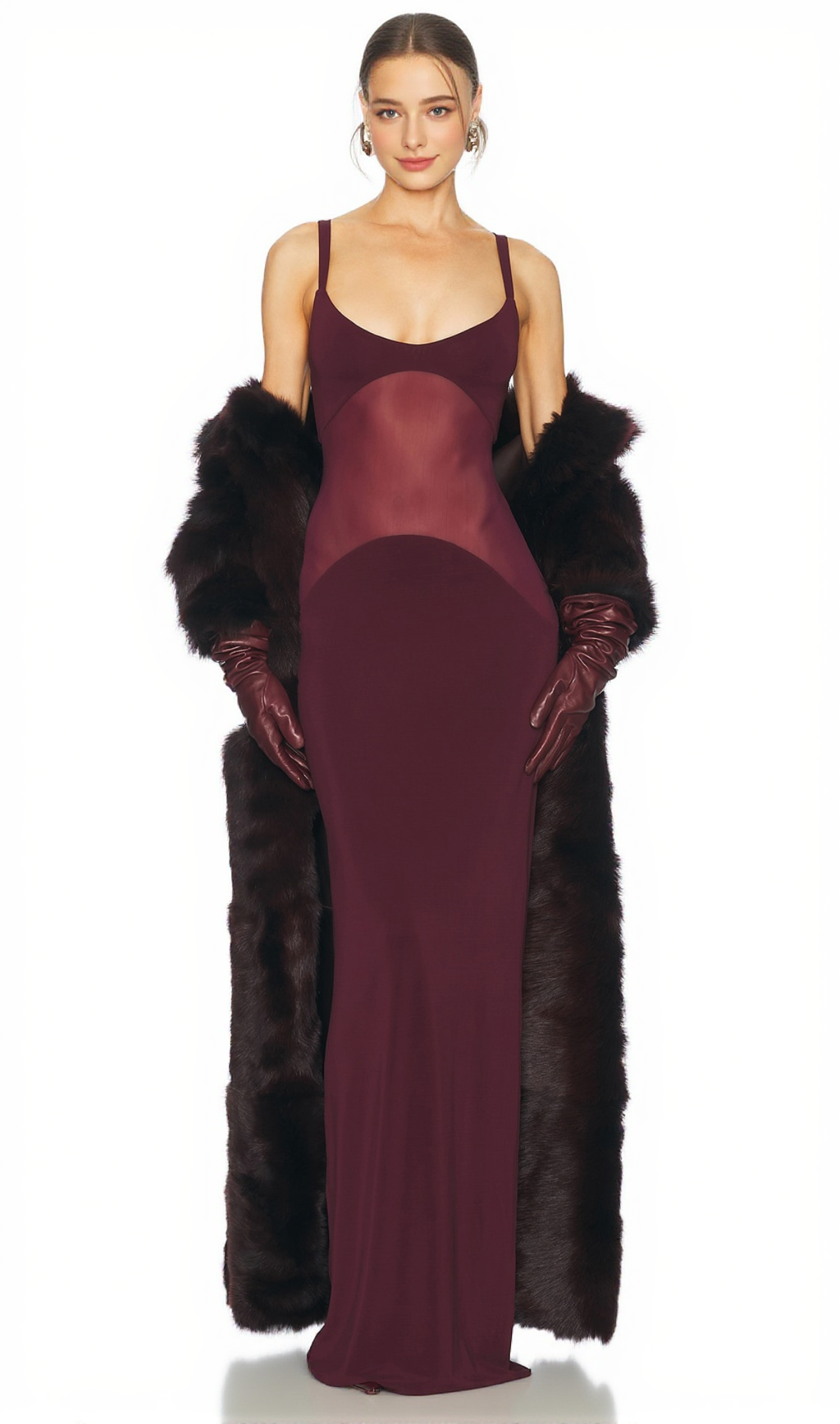 SHEER KNIT CURVE MAXI DRESS IN MERLOT