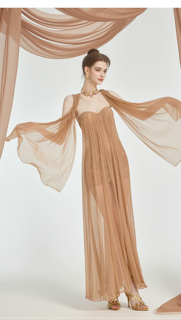 AIIZIE THEA STRAPLESS MESH BACKLESS MAXI DRESS IN BROWN - product image