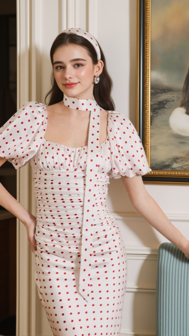 AIIZIE RED POLKA DOT BUBBLE SLEEVE MIDI DRESS - product image