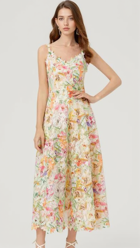 MULTICOLOR FLORAL EMBROIDERED MIDI DRESS