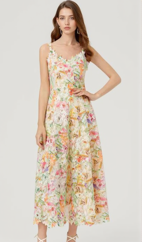 AIIZIE MULTICOLOR FLORAL EMBROIDERED MIDI DRESS - product image