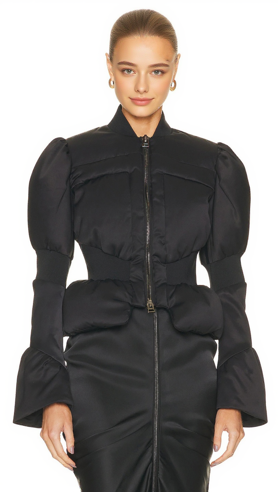 OLIVE PADDED SATIN PEPLUM JACKET