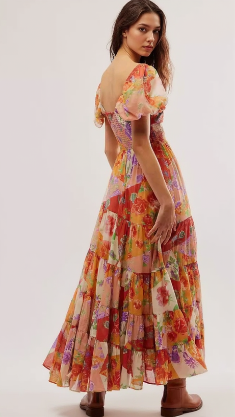 PUFF SLEEVE FLORAL PRINTED MAXI DRESS