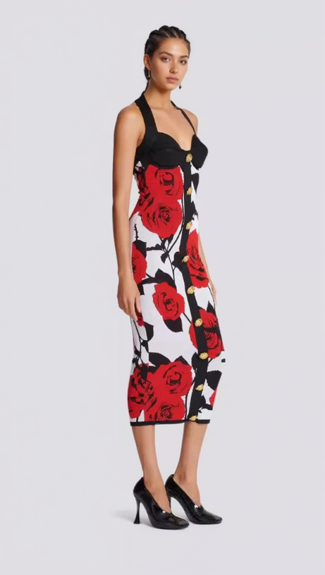 MULTICOLOR HALTERNECK ROSE PRINT MIDI DRESS
