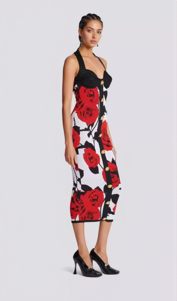 AIIZIE MULTICOLOR HALTERNECK ROSE PRINT MIDI DRESS - product image