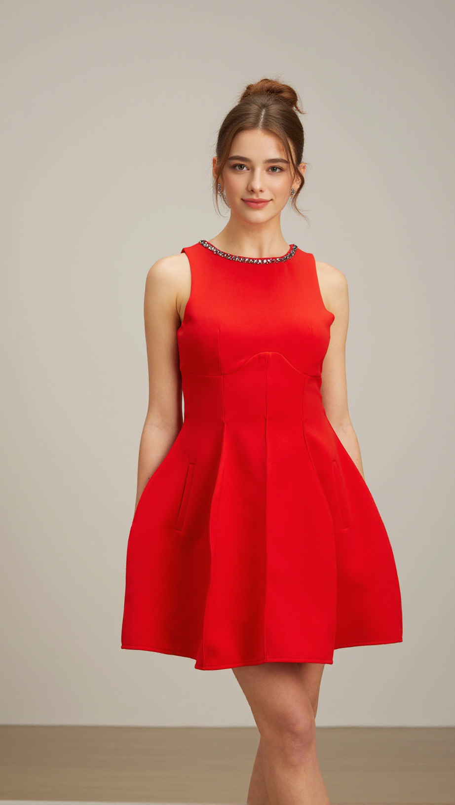 KATIE RED CRYSTAL-EMBELLISHED PUFF MINI DRESS